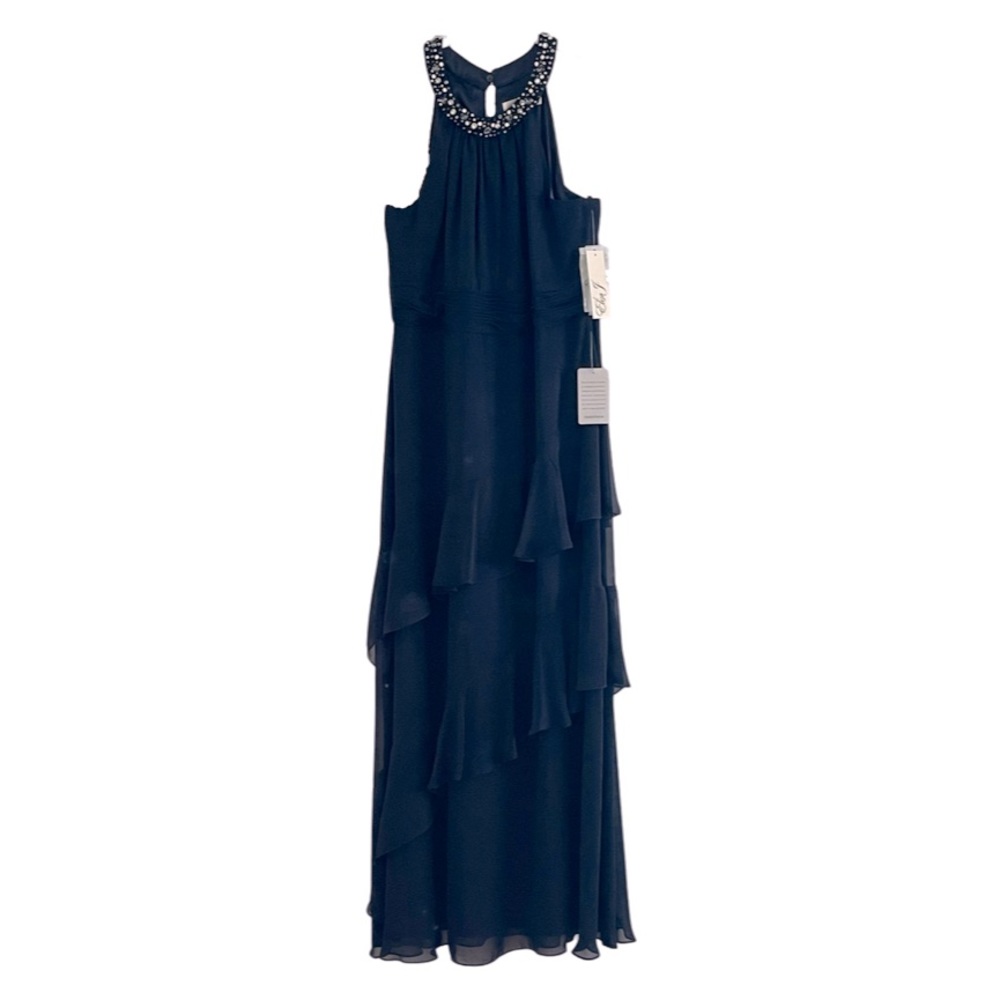 Eliza J Maxi Dress - Navy Blue Halter w/ tiered ruffles